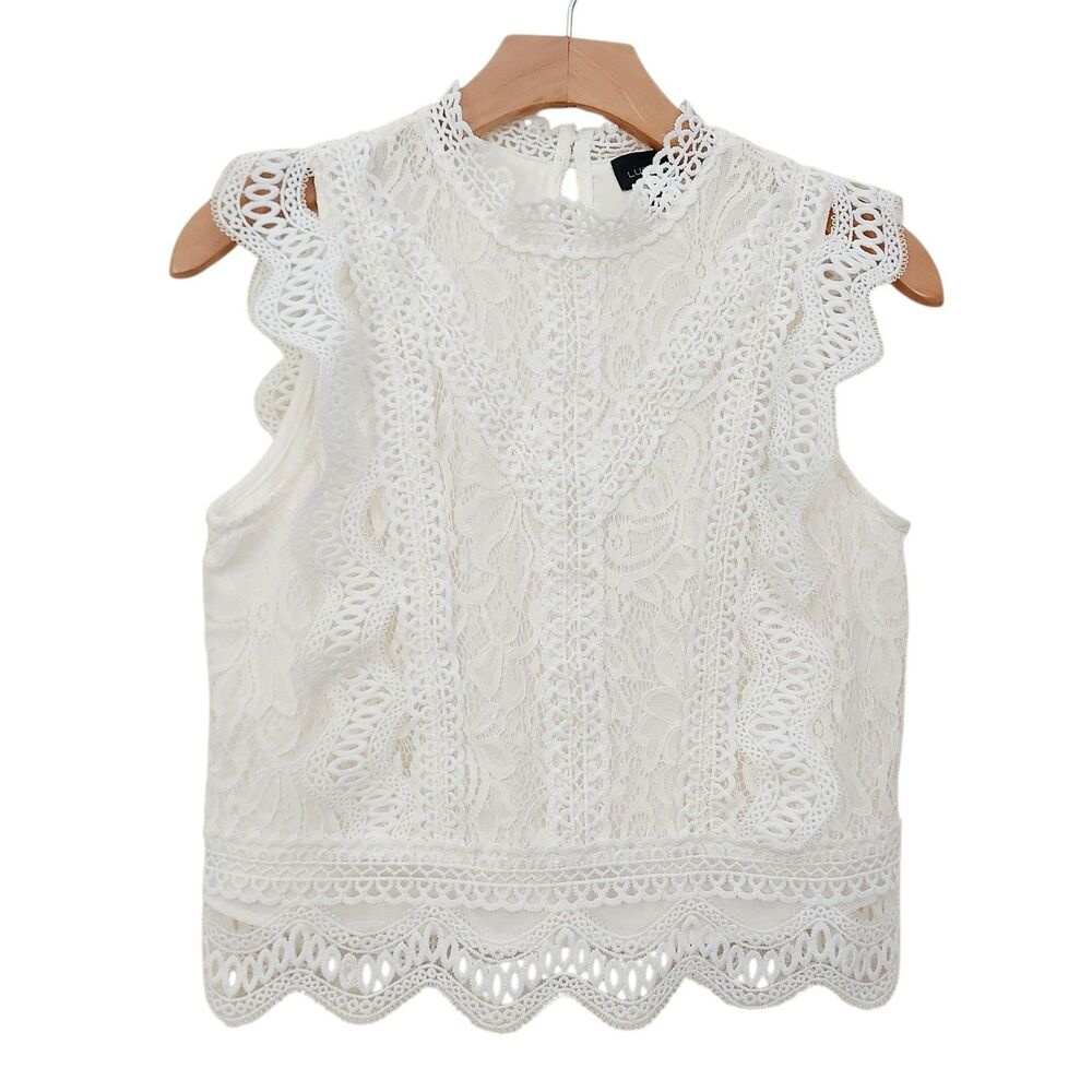 Lucy Paris Abigail Top Womens Small White Lace Sleeveless Romantic Scalloped